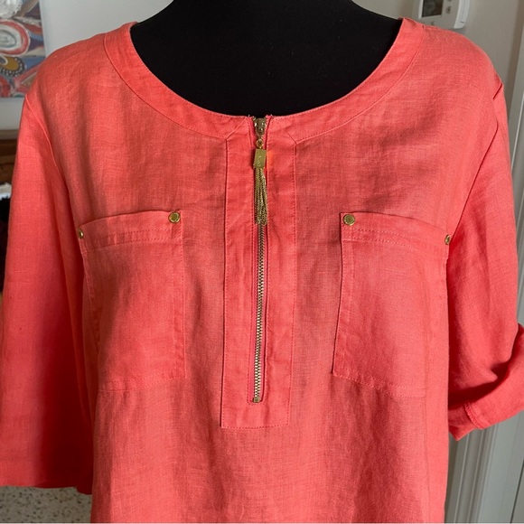 ELLEN TRACY Linen Peach Coral Woven Pullover Shirt! Gold zipper! LARGE Like New. - Picture 2 of 14